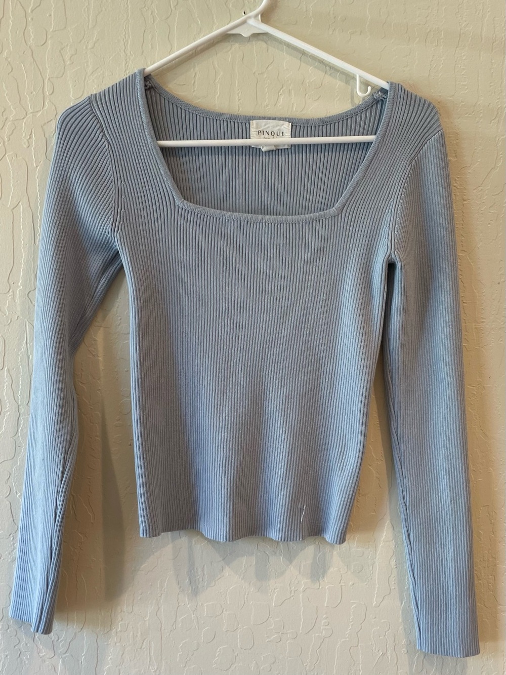 PINQUE Square Neck Ribbed Long Sleeve Top in Light Blue
